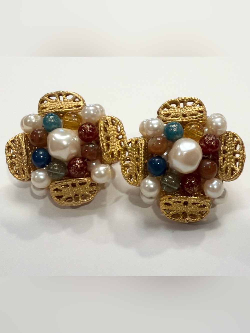 Vintage Liz Claiborne Gold-Tone Multicolor Bead & Faux Pearl Cluster Earrings